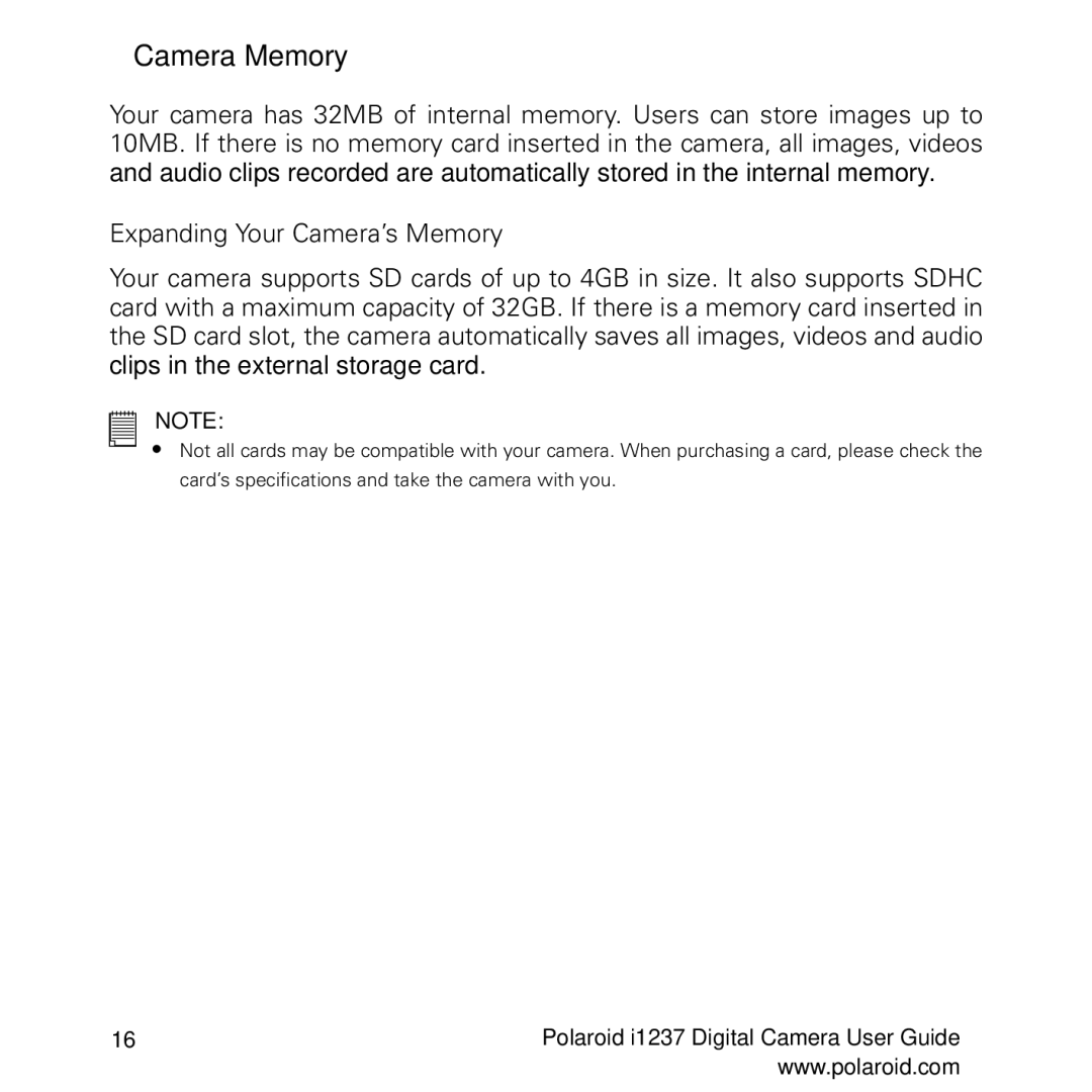 Polaroid CIA-1237PC manual Camera Memory 