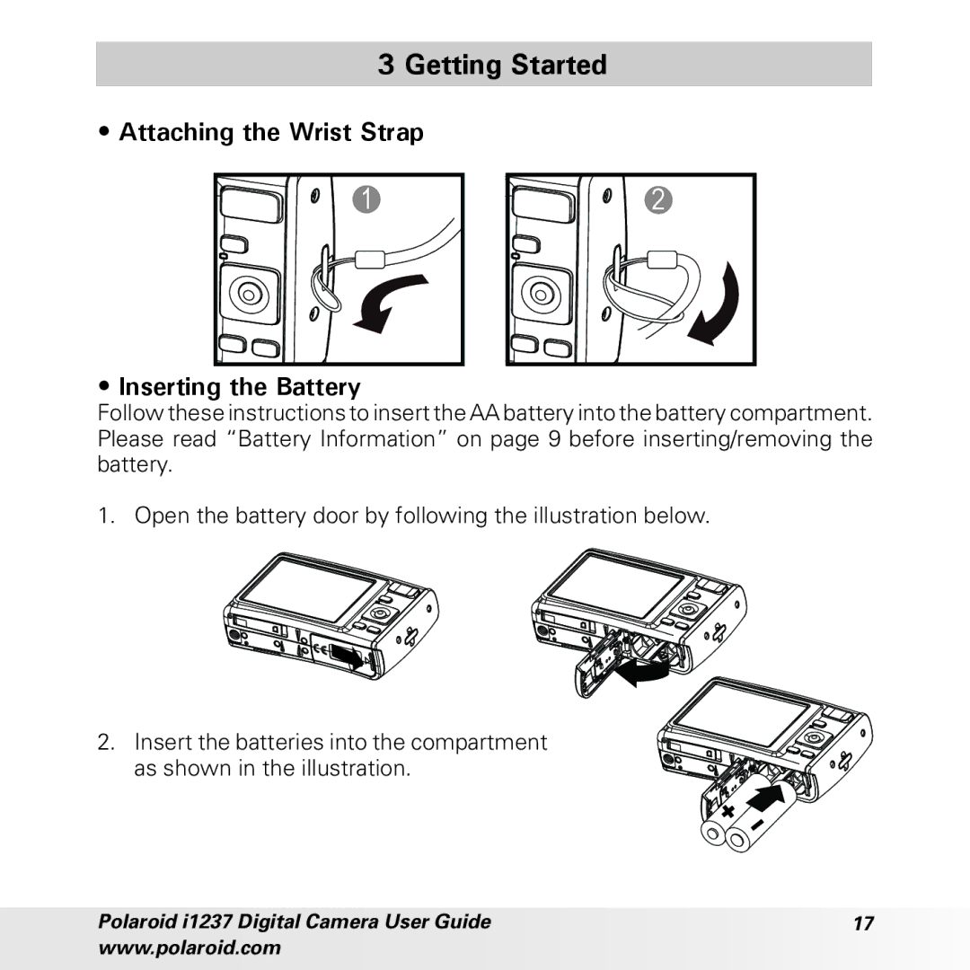 Polaroid CIA-1237PC manual Getting Started, Attaching the Wrist Strap Inserting the Battery 