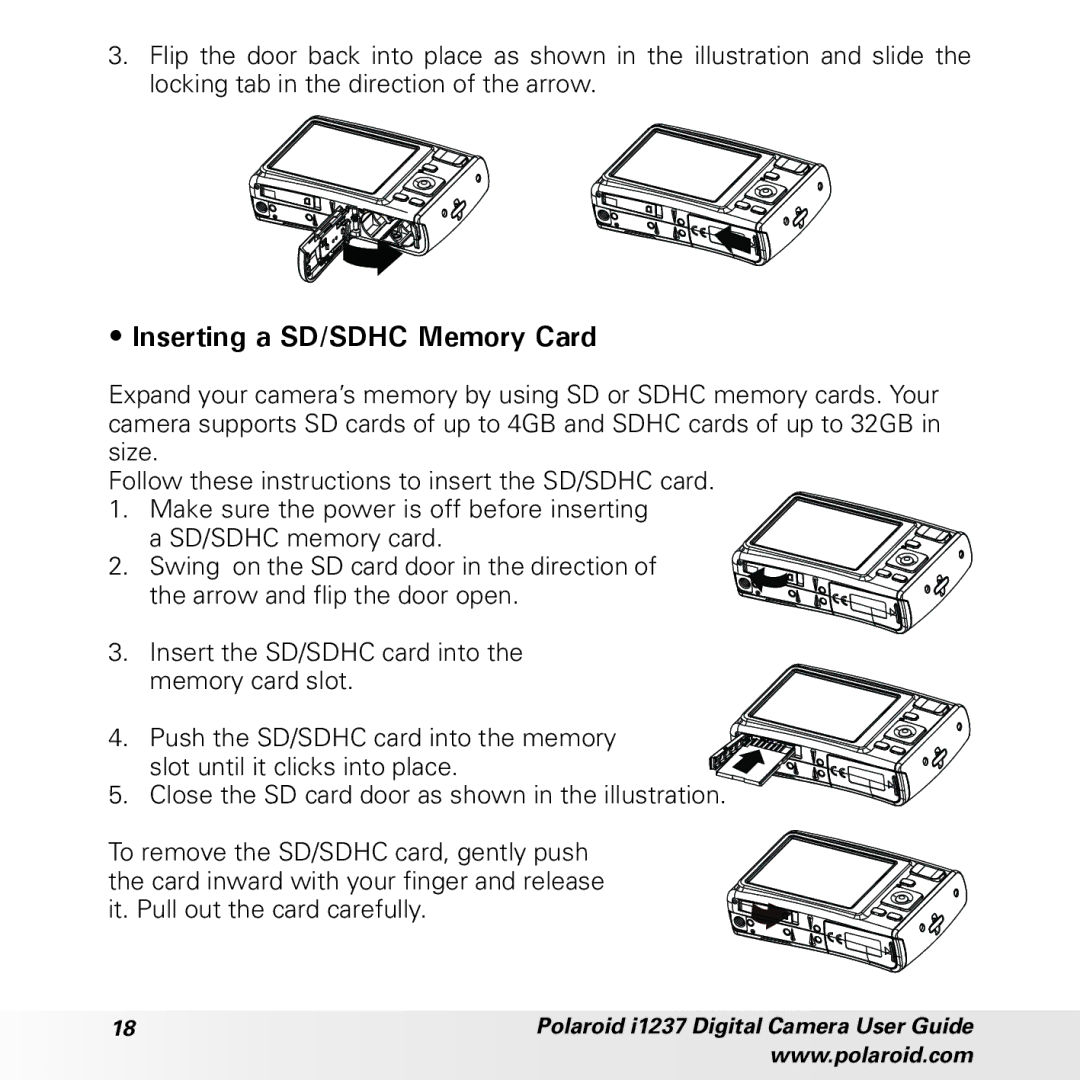 Polaroid CIA-1237PC manual Inserting a SD/SDHC Memory Card 