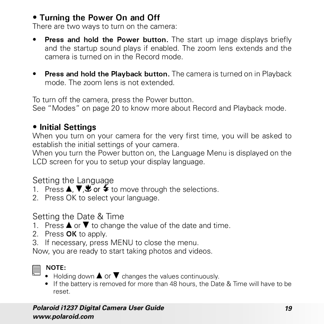 Polaroid CIA-1237PC manual Turning the Power On and Off, Initial Settings, Setting the Language, Setting the Date & Time 