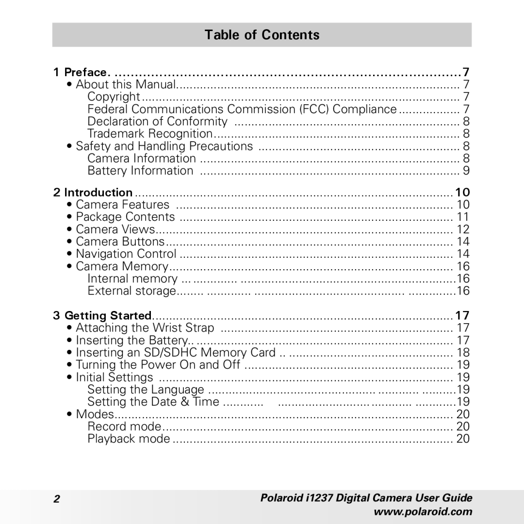 Polaroid CIA-1237PC manual Table of Contents 