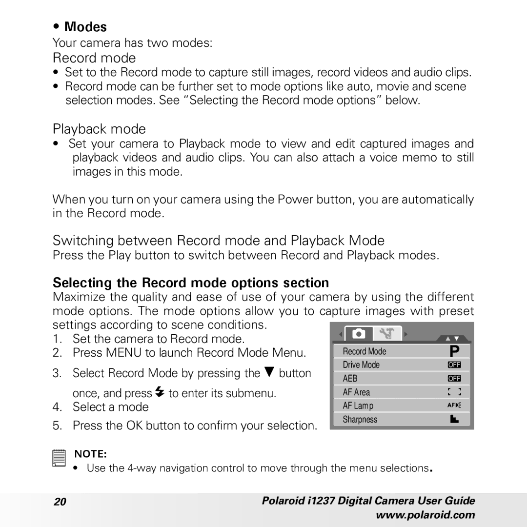 Polaroid CIA-1237PC manual Modes, Playback mode, Switching between Record mode and Playback Mode 