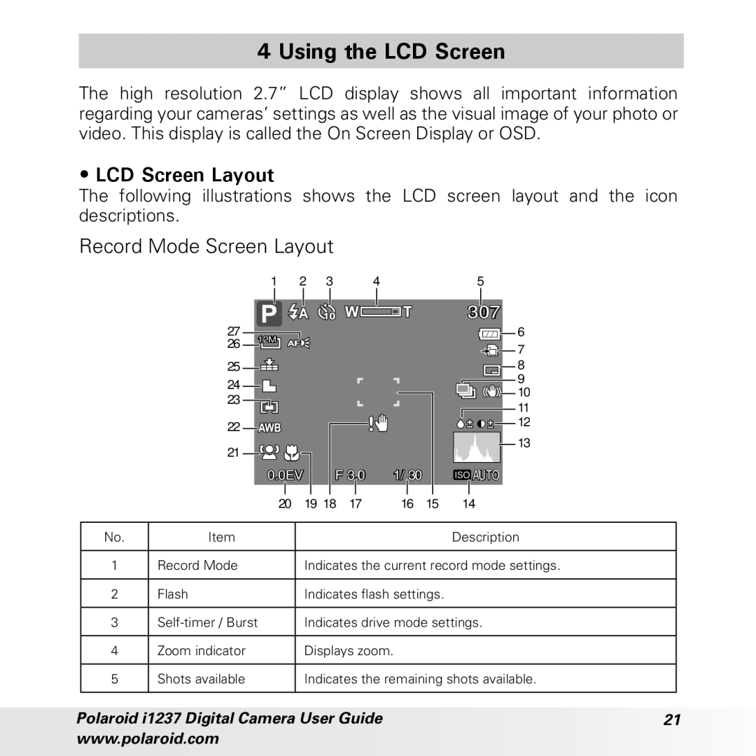 Polaroid CIA-1237PC manual Using the LCD Screen, Record Mode Screen Layout 