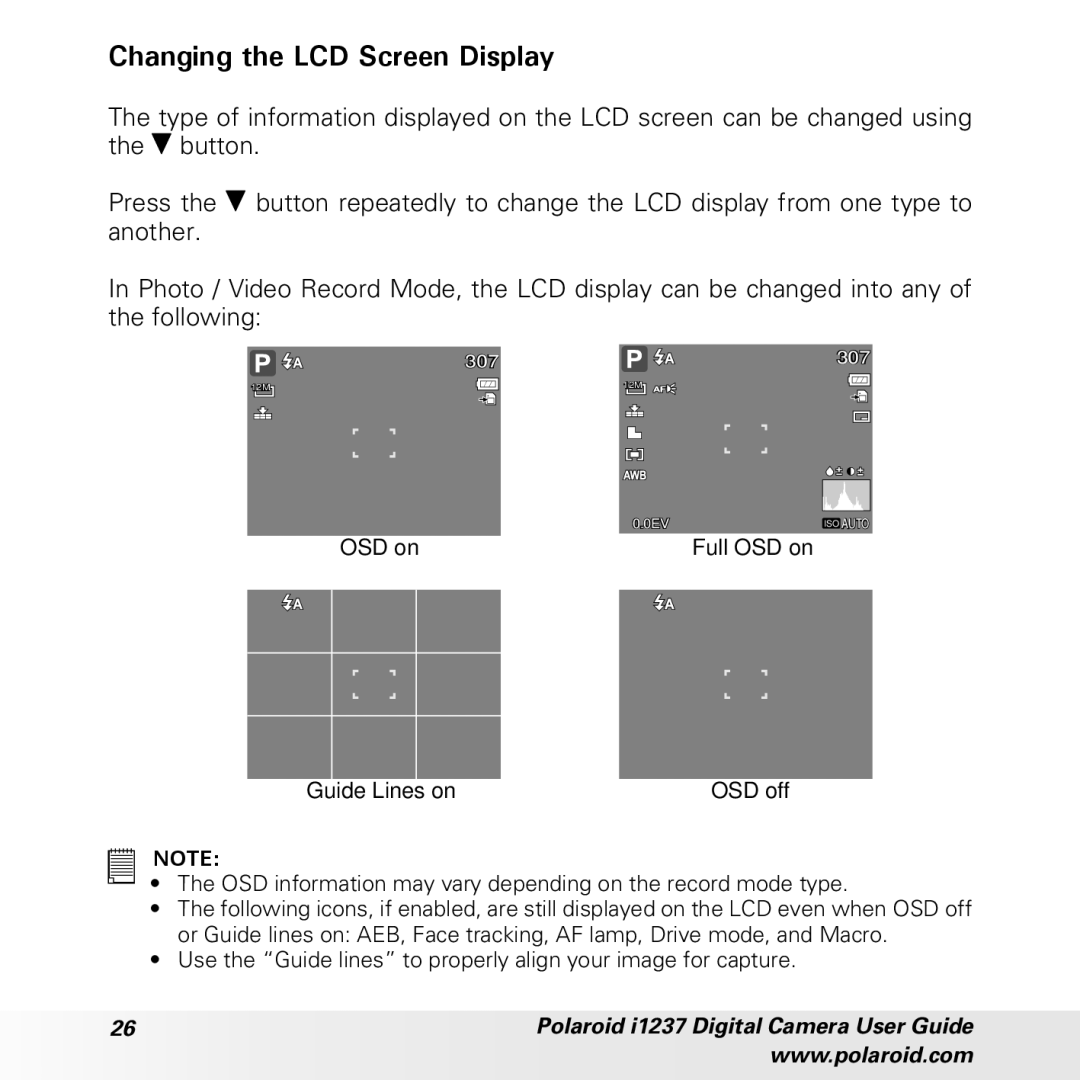 Polaroid CIA-1237PC manual Changing the LCD Screen Display, OSD on Full OSD on 