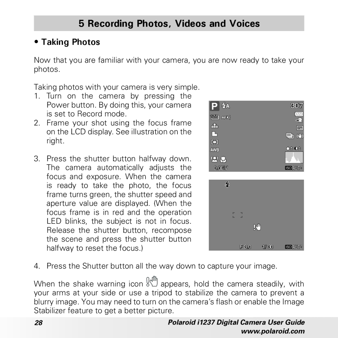 Polaroid CIA-1237PC manual Recording Photos, Videos and Voices, Taking Photos 