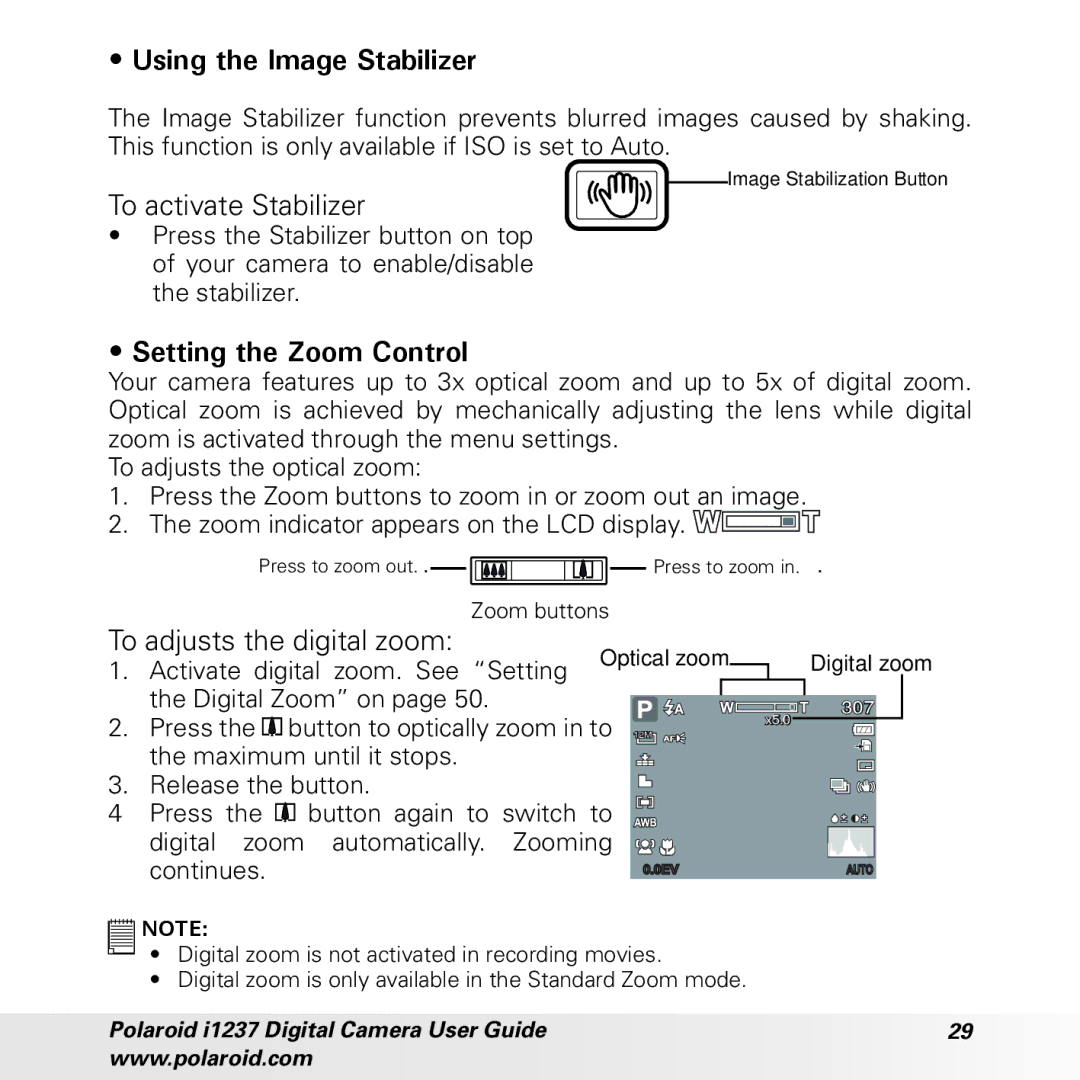 Polaroid CIA-1237PC manual Using the Image Stabilizer, To activate Stabilizer, Setting the Zoom Control 