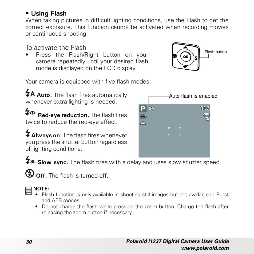 Polaroid CIA-1237PC manual Using Flash, To activate the Flash, Red-eye reduction. The flash fires 