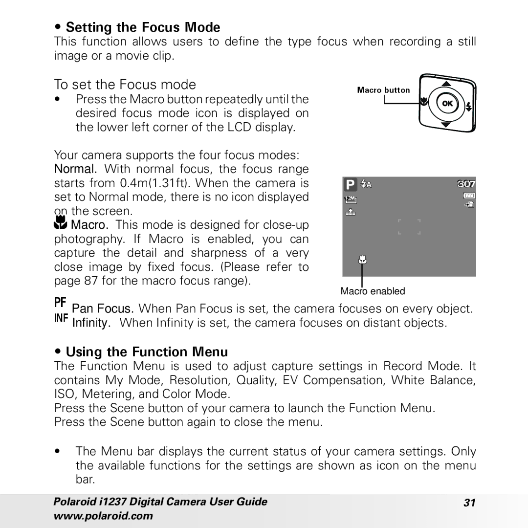 Polaroid CIA-1237PC manual Setting the Focus Mode, To set the Focus mode, Using the Function Menu 