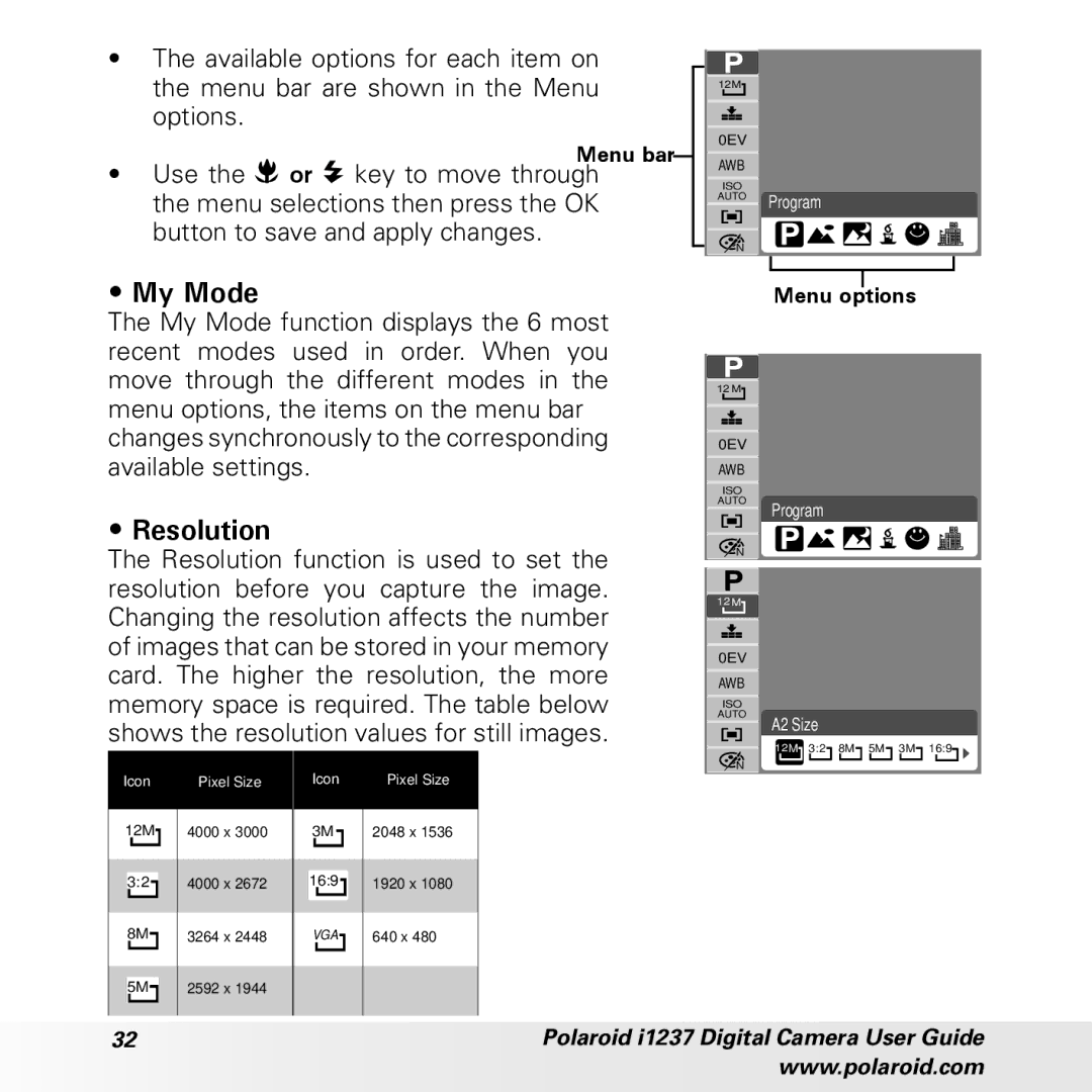 Polaroid CIA-1237PC manual My Mode, Resolution 