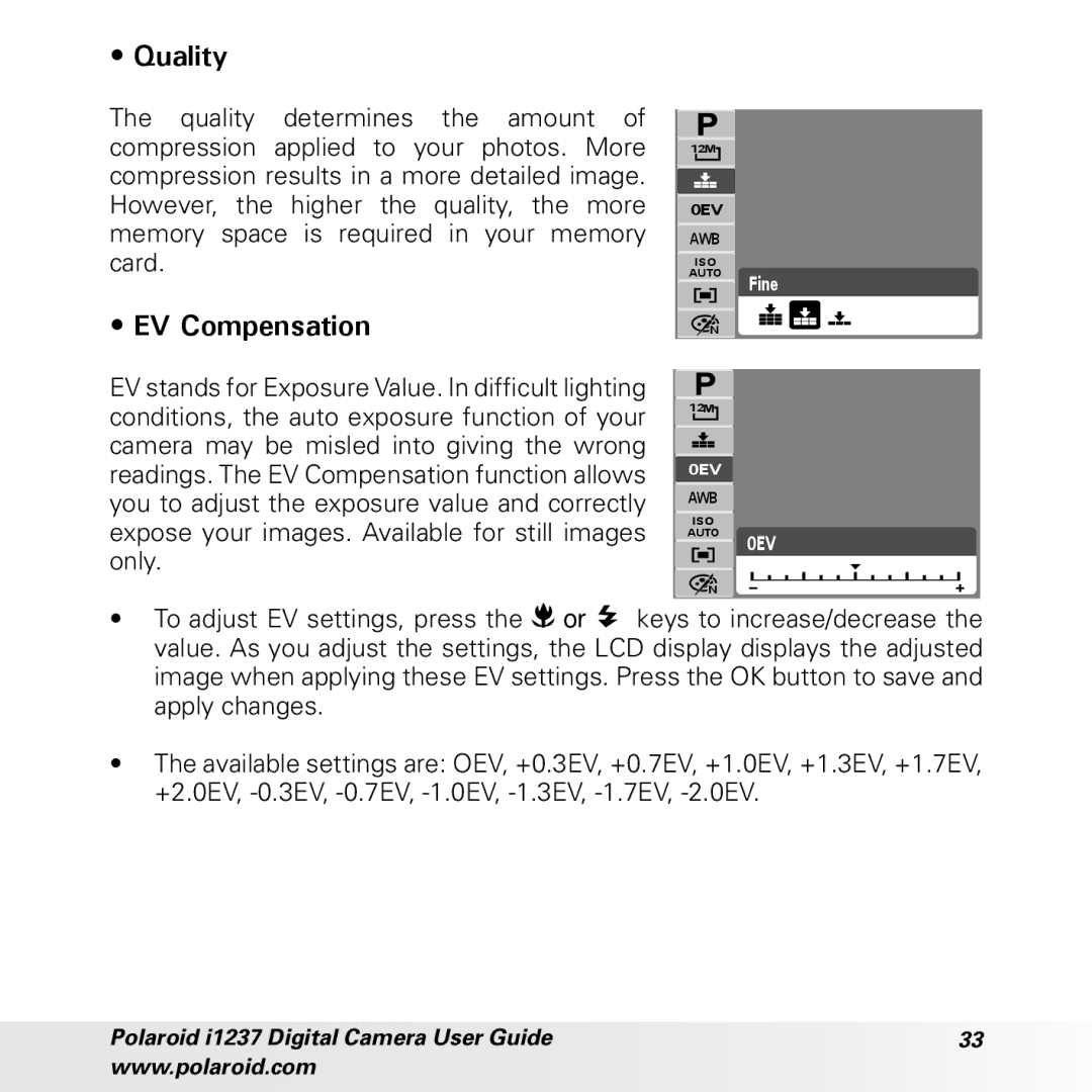 Polaroid CIA-1237PC manual Quality, EV Compensation 