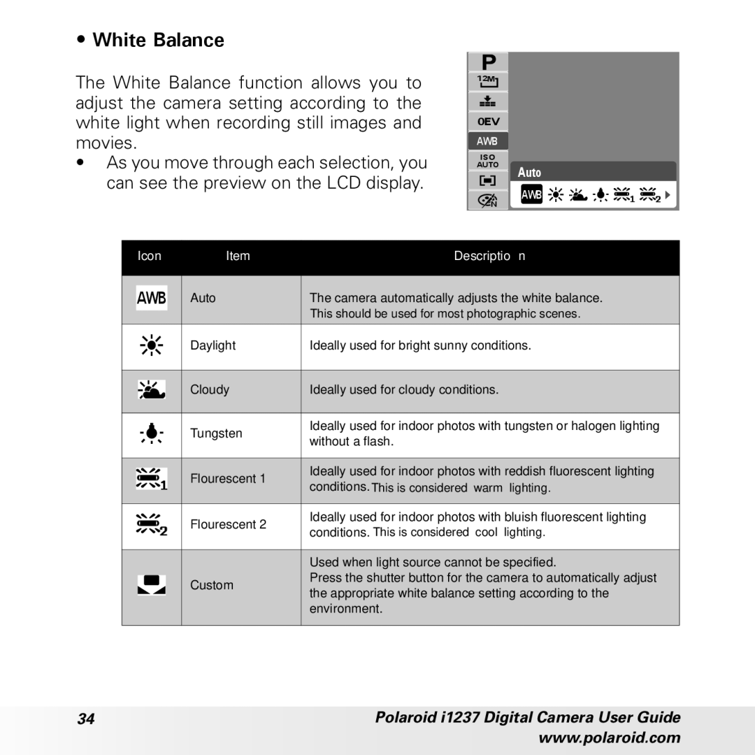 Polaroid CIA-1237PC manual White Balance, Icon Description 