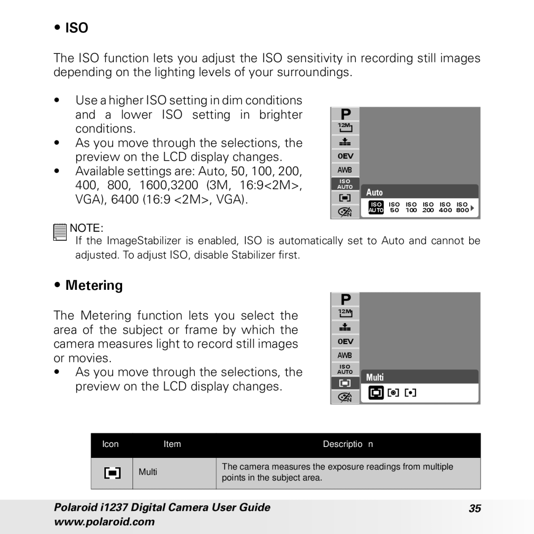 Polaroid CIA-1237PC manual Metering function lets you select, Or movies, As you move through the selections 