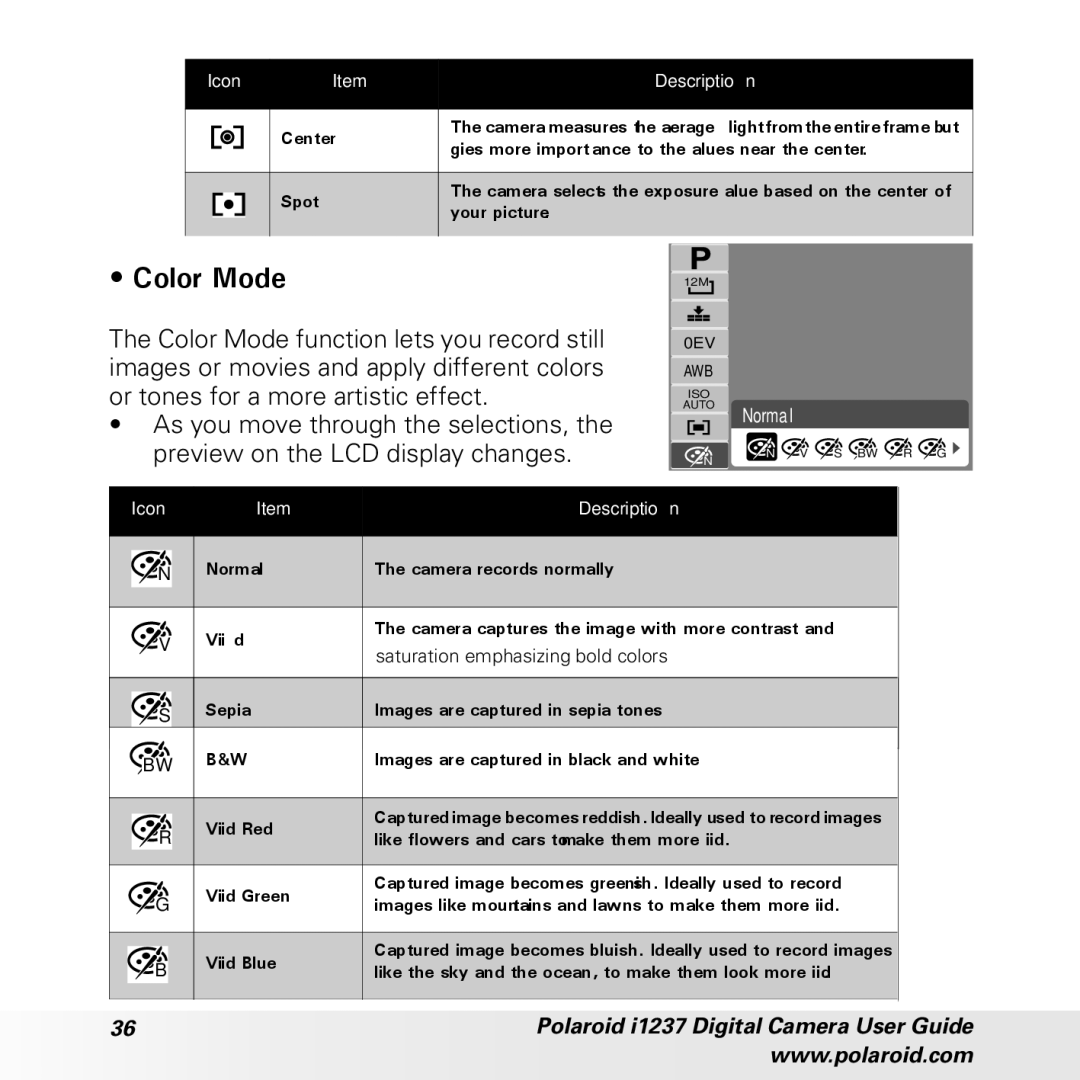 Polaroid CIA-1237PC manual Color Mode 