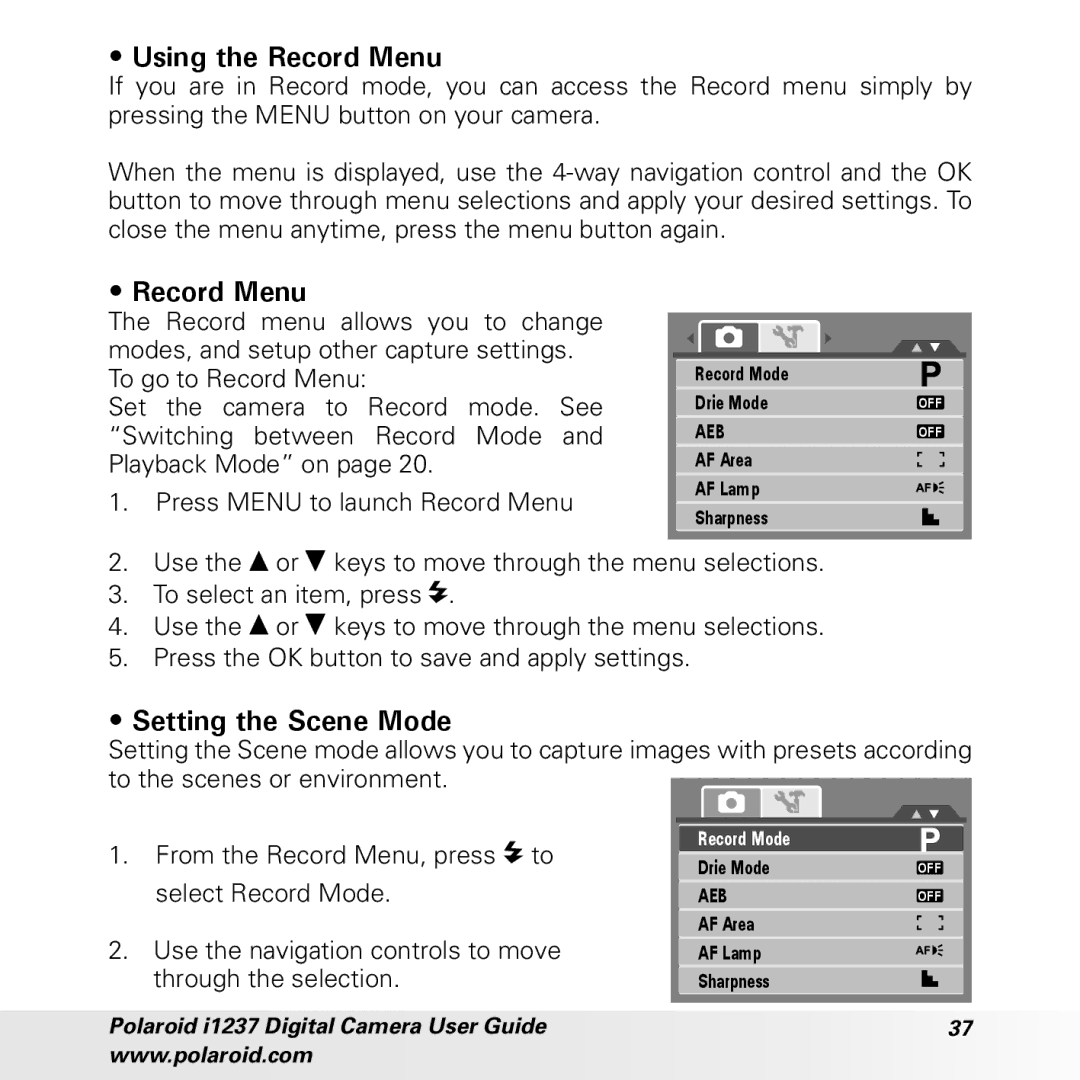 Polaroid CIA-1237PC manual Using the Record Menu, Setting the Scene Mode 