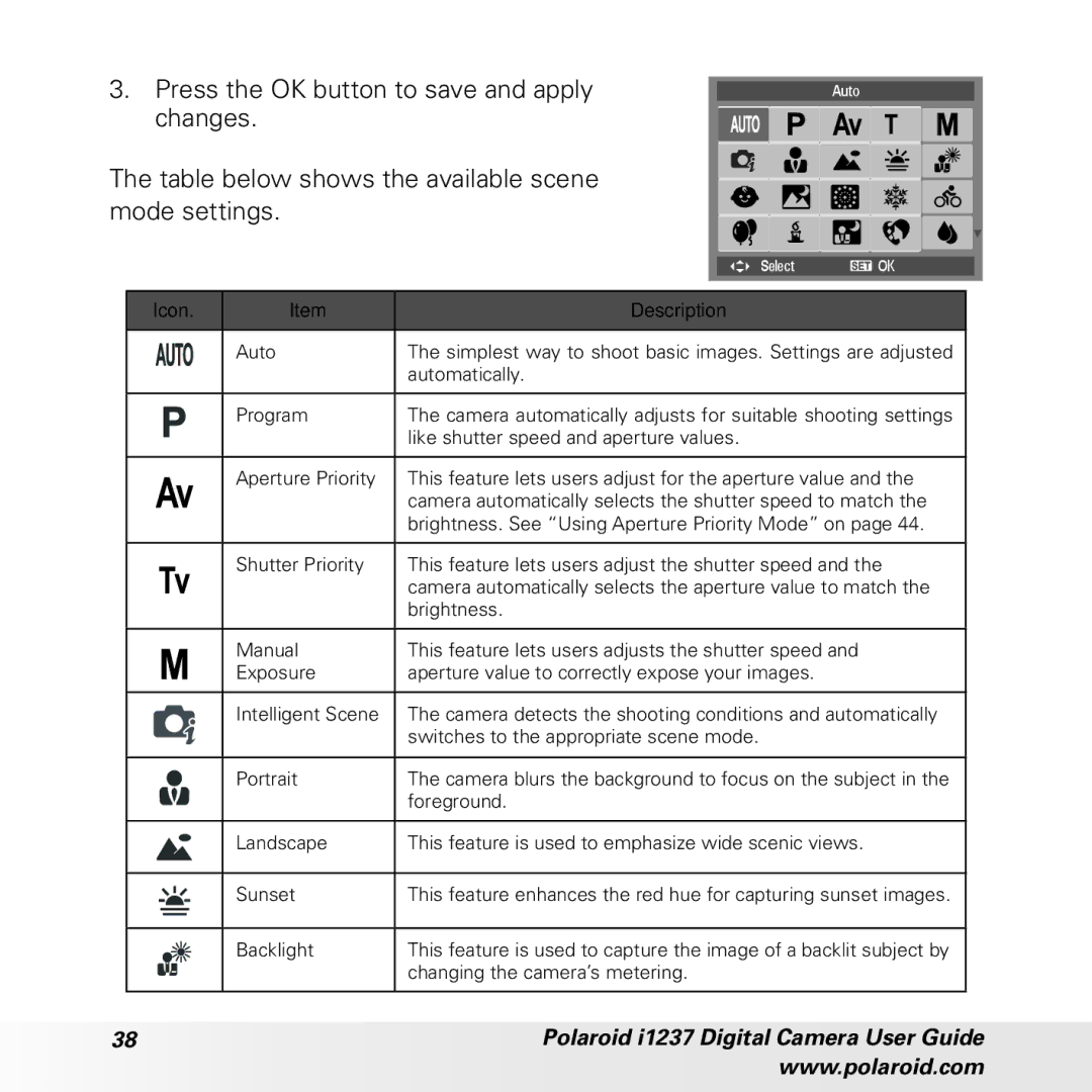 Polaroid CIA-1237PC manual Icon Description 