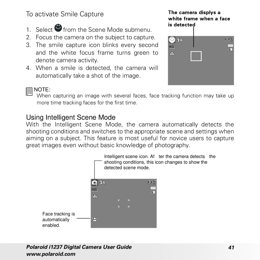 Polaroid CIA-1237PC manual To activate Smile Capture, Using Intelligent Scene Mode 