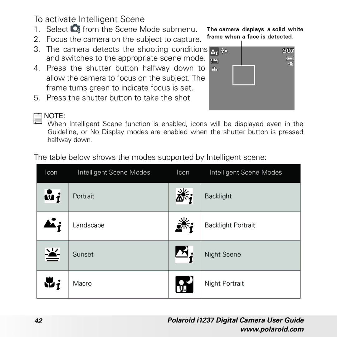 Polaroid CIA-1237PC manual To activate Intelligent Scene, Table below shows the modes supported by Intelligent scene 