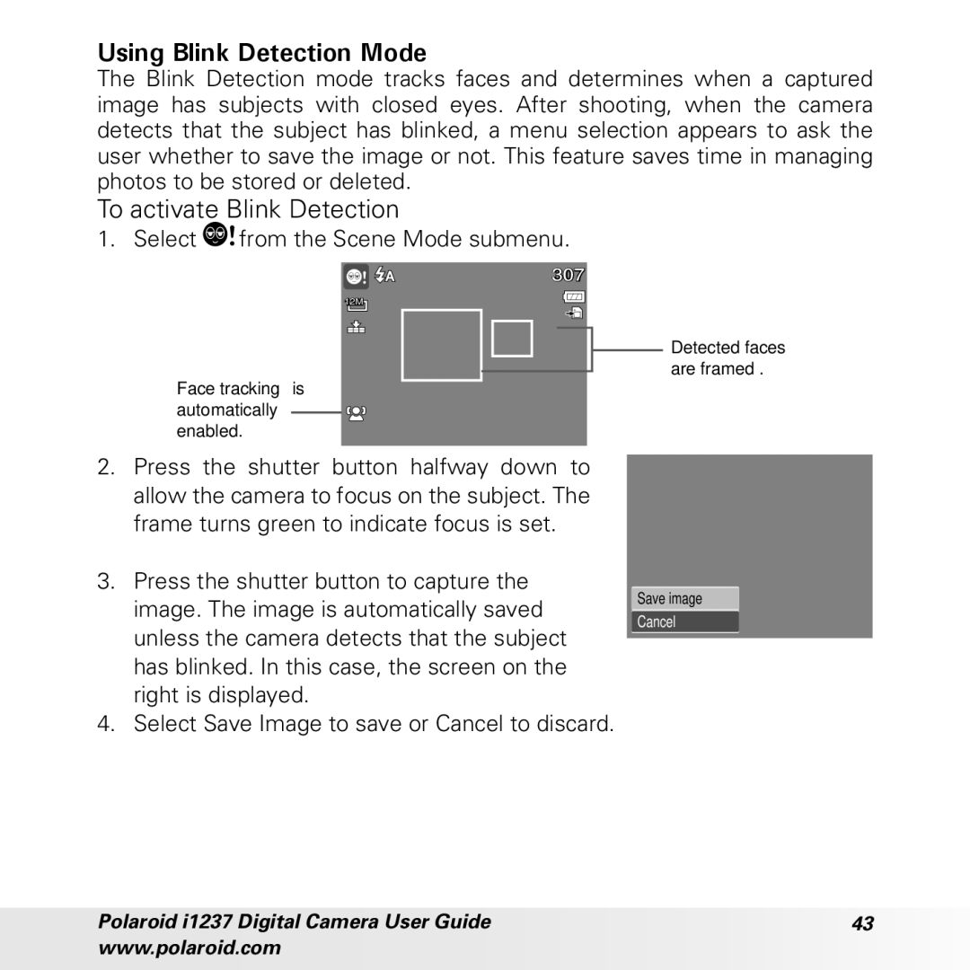 Polaroid CIA-1237PC manual Using Blink Detection Mode, To activate Blink Detection, Select from the Scene Mode submenu 