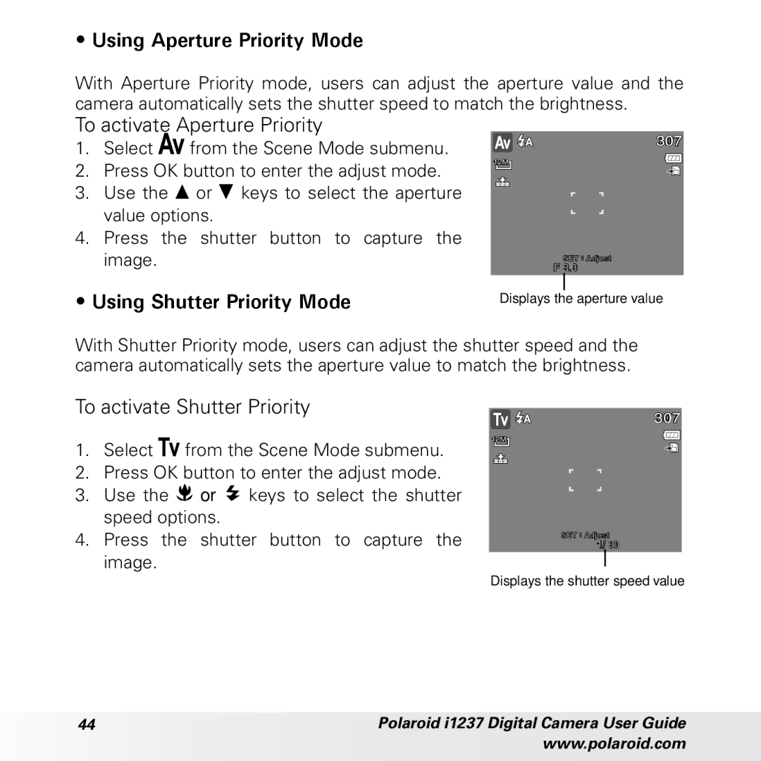 Polaroid CIA-1237PC manual Using Aperture Priority Mode, To activate Aperture Priority, Image 