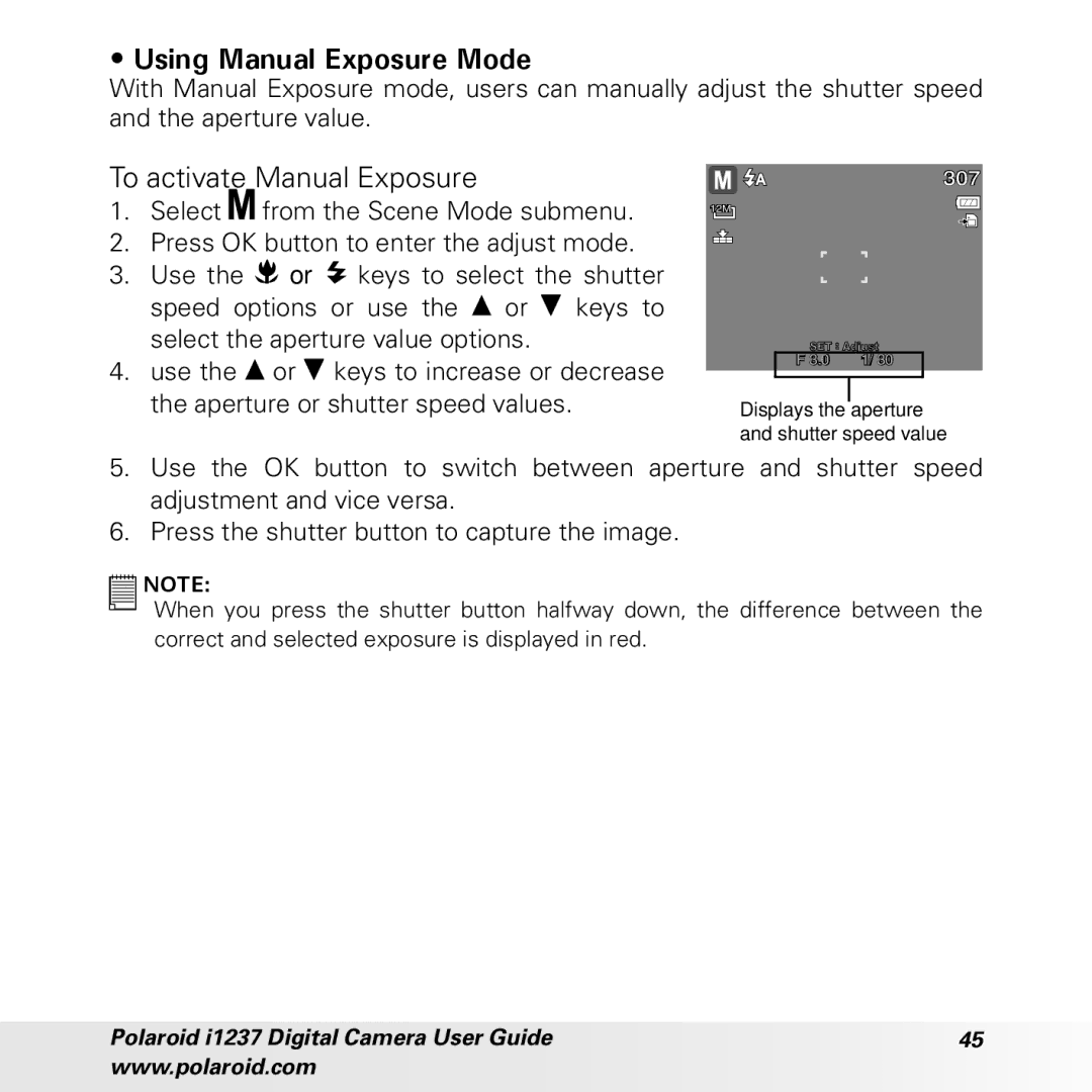 Polaroid CIA-1237PC manual Using Manual Exposure Mode, To activate Manual Exposure 