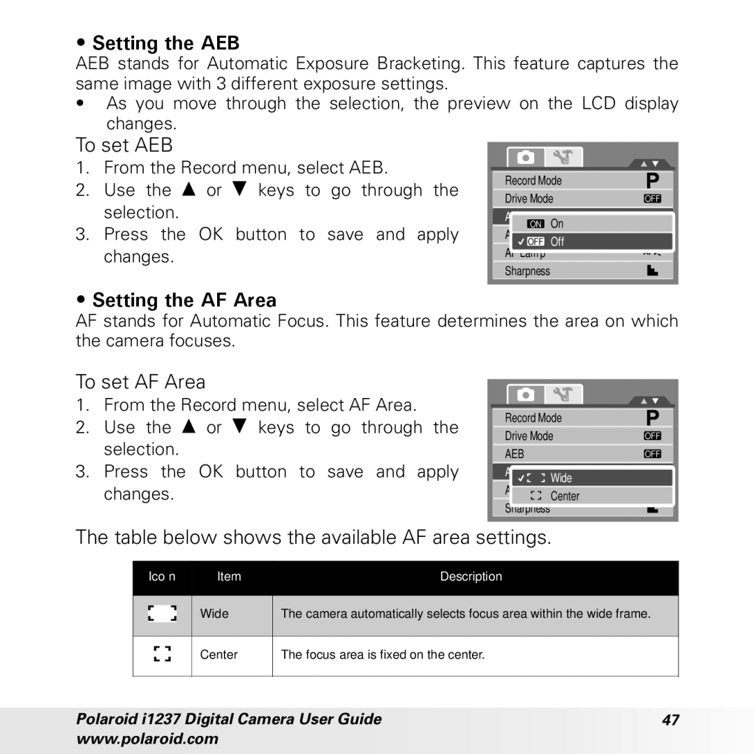 Polaroid CIA-1237PC manual Setting the AEB, To set AEB, Setting the AF Area, To set AF Area 