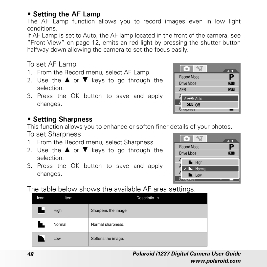 Polaroid CIA-1237PC manual Setting the AF Lamp, To set AF Lamp, Setting Sharpness, To set Sharpness 