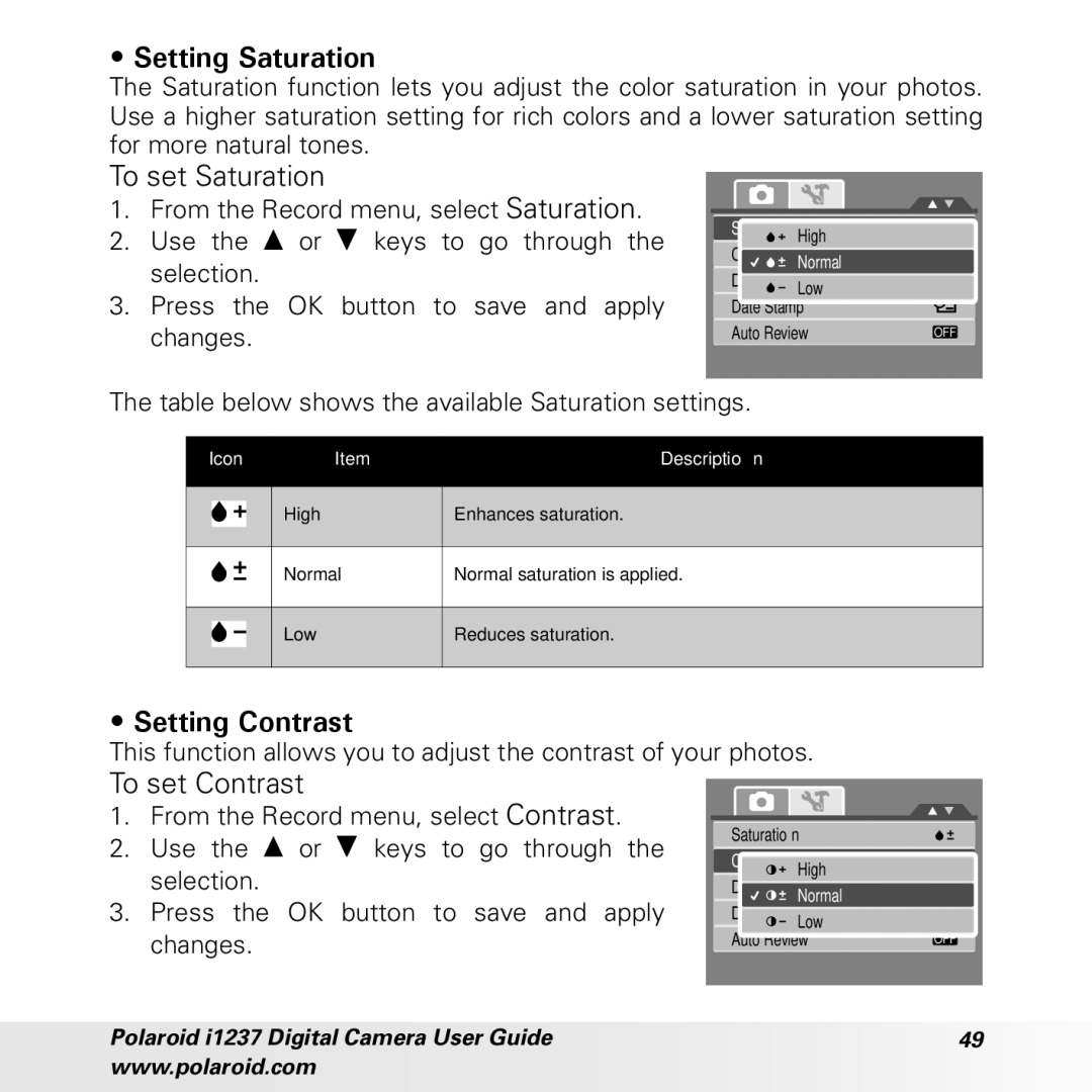 Polaroid CIA-1237PC manual Setting Saturation, To set Saturation, Setting Contrast 
