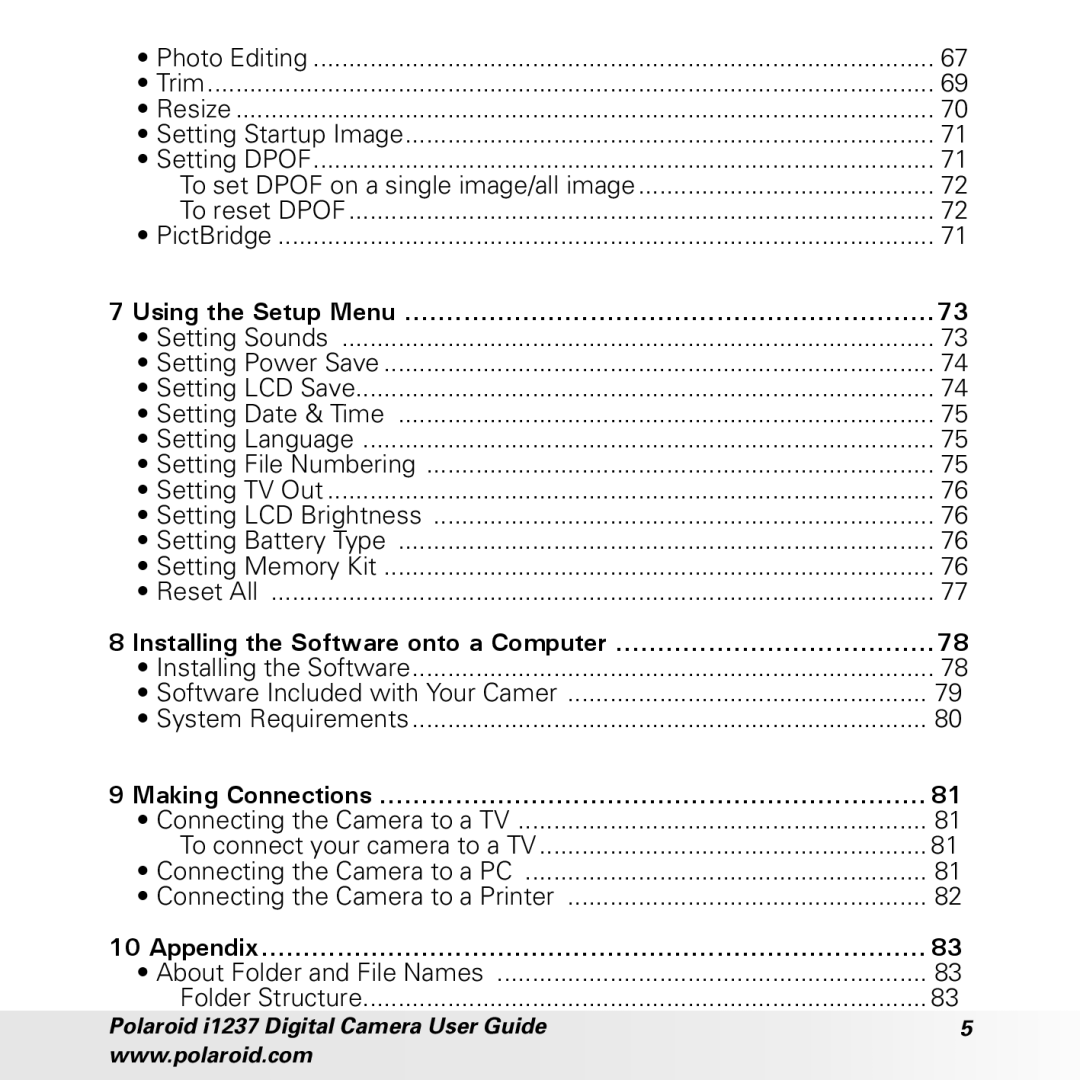 Polaroid CIA-1237PC manual Using the Setup Menu, Installing the Software onto a Computer, Making Connections, Appendix 