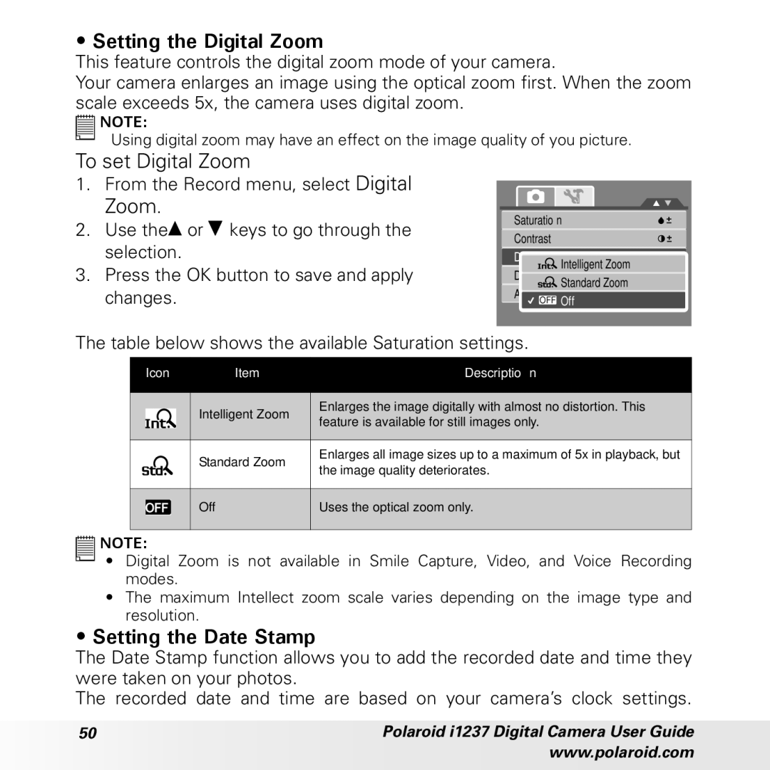 Polaroid CIA-1237PC manual To set Digital Zoom, Setting the Date Stamp, From the Record menu, select Digital 