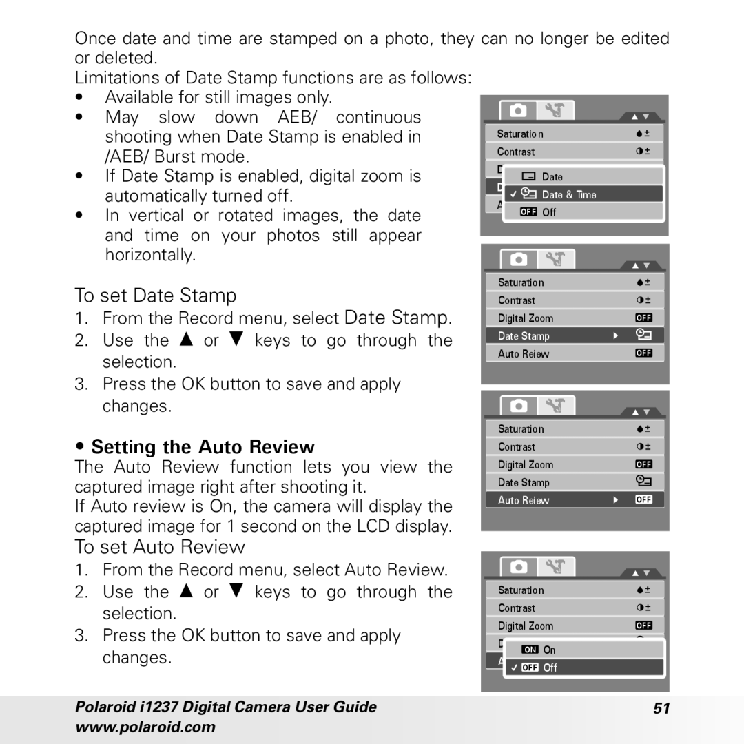 Polaroid CIA-1237PC manual To set Date Stamp, Setting the Auto Review, To set Auto Review 