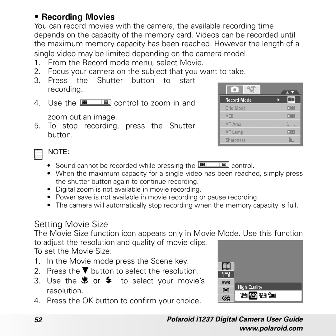 Polaroid CIA-1237PC Recording Movies, Setting Movie Size, Zoom out an image, To stop recording, press the Shutter, Button 