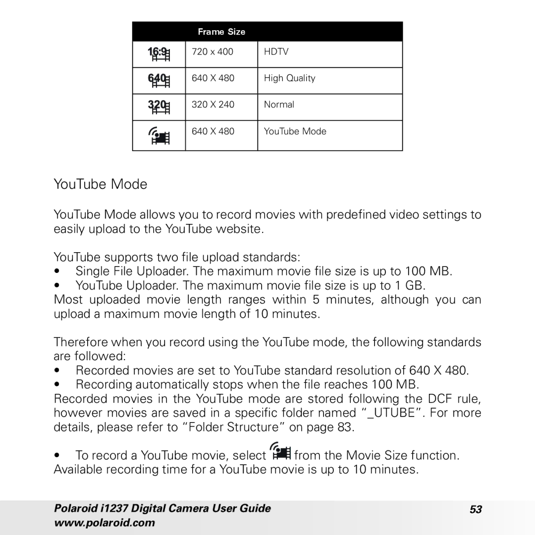 Polaroid CIA-1237PC manual YouTube Mode 