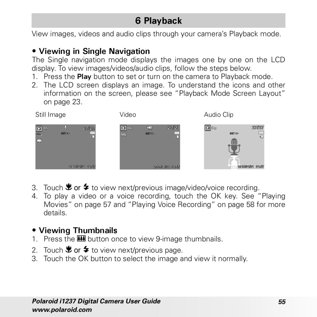 Polaroid CIA-1237PC manual Playback, Viewing in Single Navigation, Viewing Thumbnails 