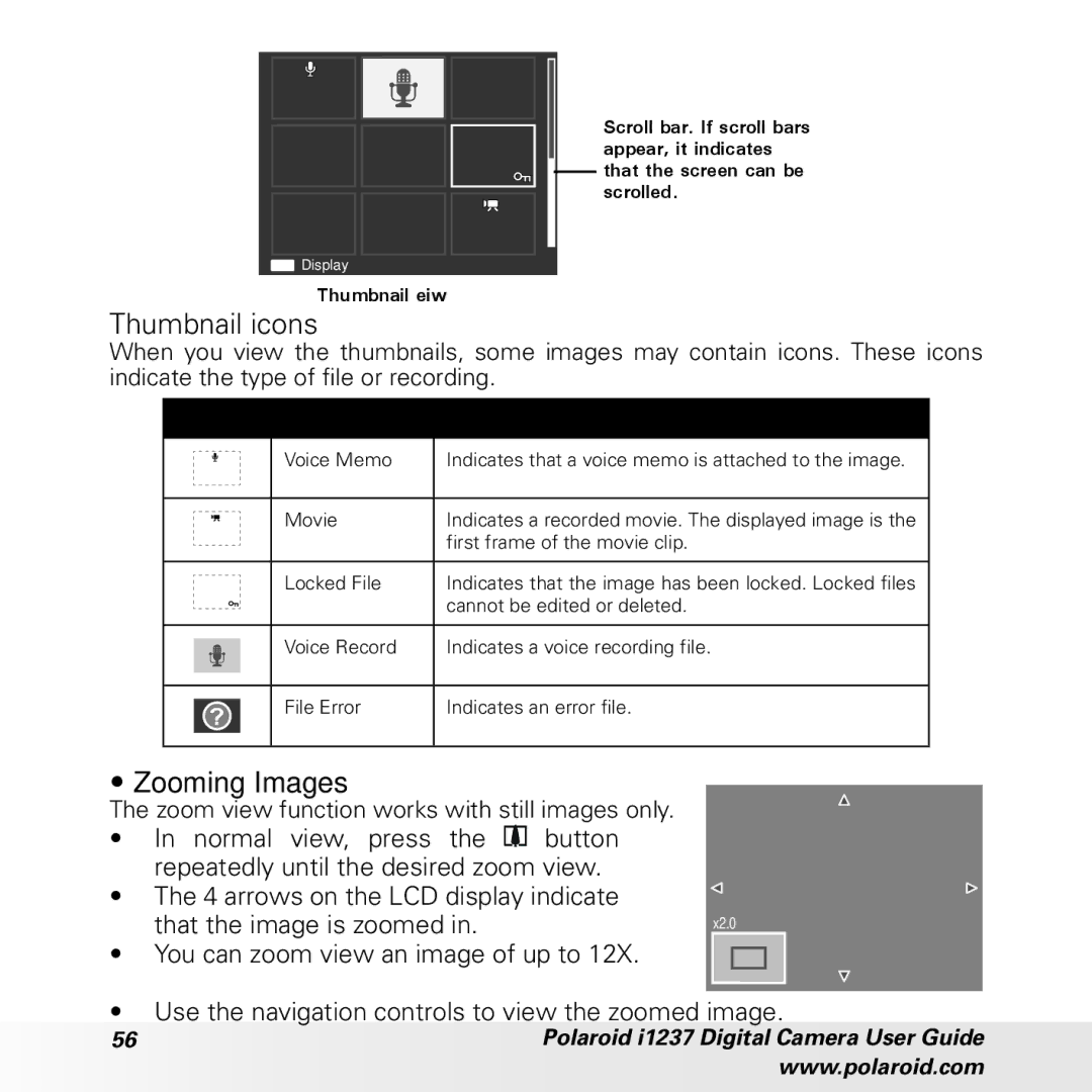 Polaroid CIA-1237PC manual Thumbnail icons, Zooming Images 