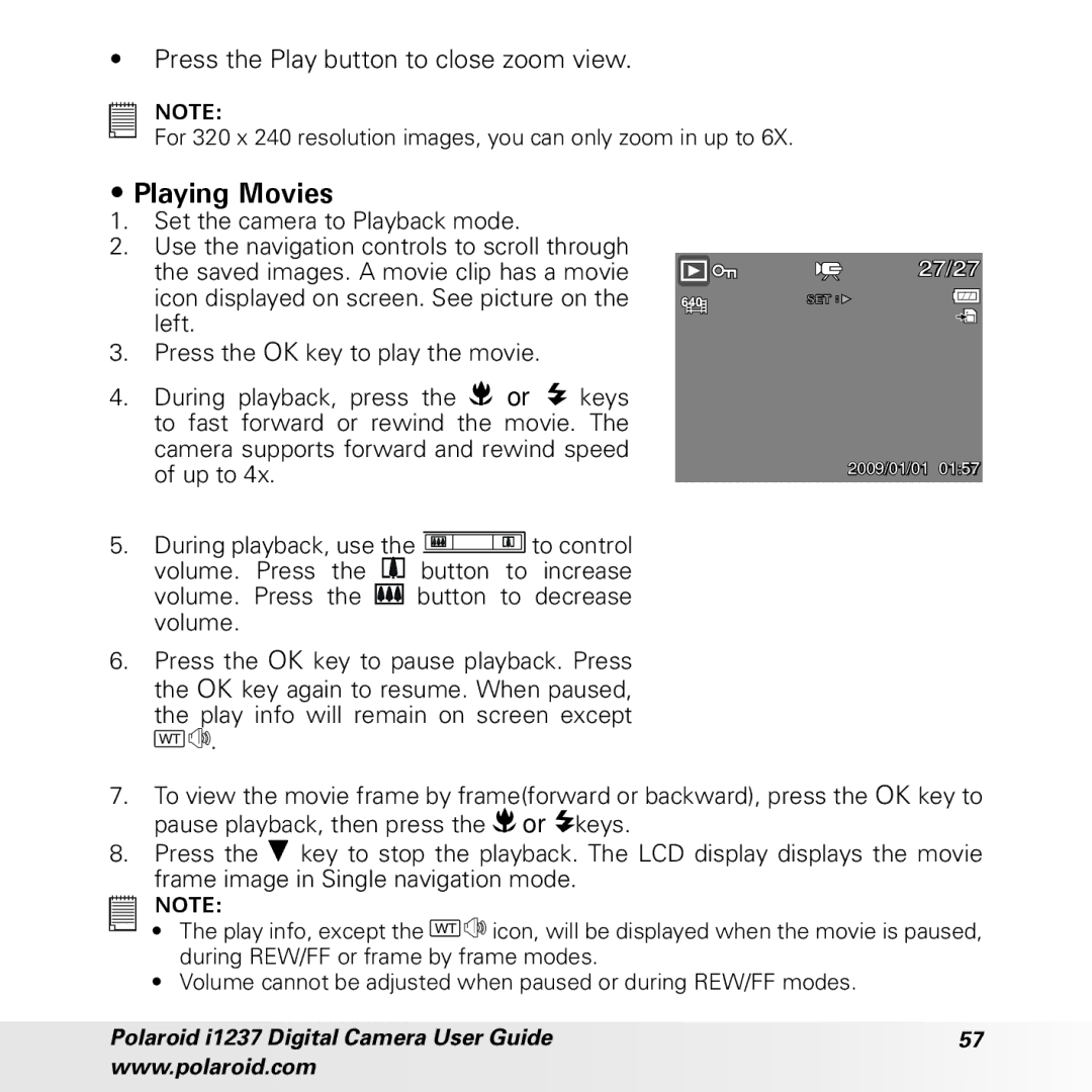 Polaroid CIA-1237PC manual Playing Movies, Press the Play button to close zoom view 