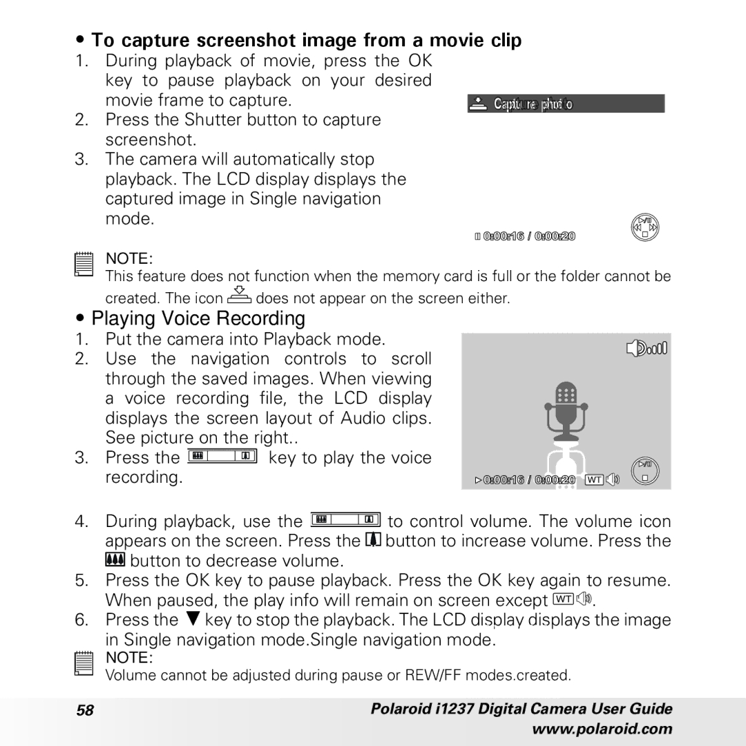 Polaroid CIA-1237PC manual To capture screenshot image from a movie clip, Playing Voice Recording 