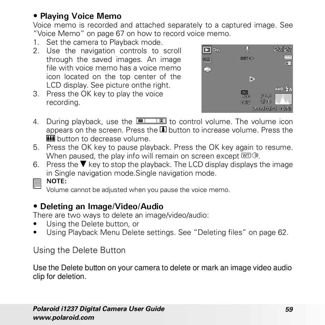 Polaroid CIA-1237PC manual Playing Voice Memo, Deleting an Image/Video/Audio, Using the Delete Button 