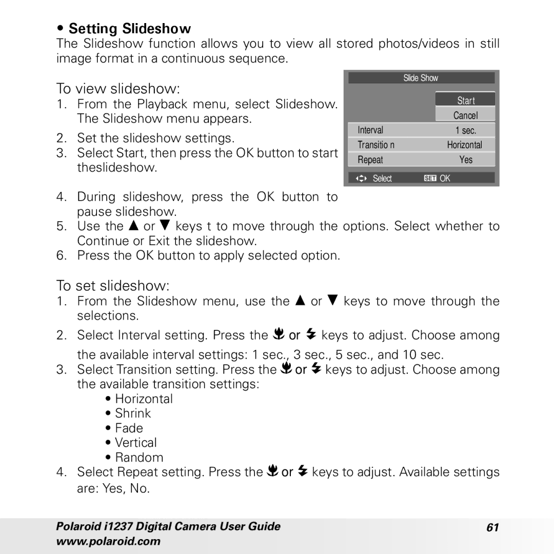 Polaroid CIA-1237PC manual Setting Slideshow, To view slideshow, To set slideshow 