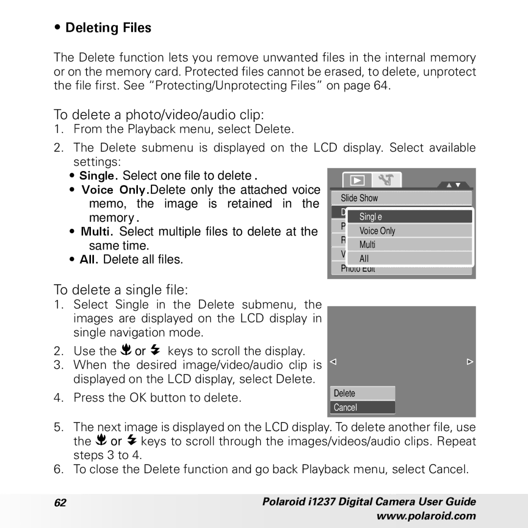 Polaroid CIA-1237PC manual Deleting Files, To delete a photo/video/audio clip, To delete a single file 