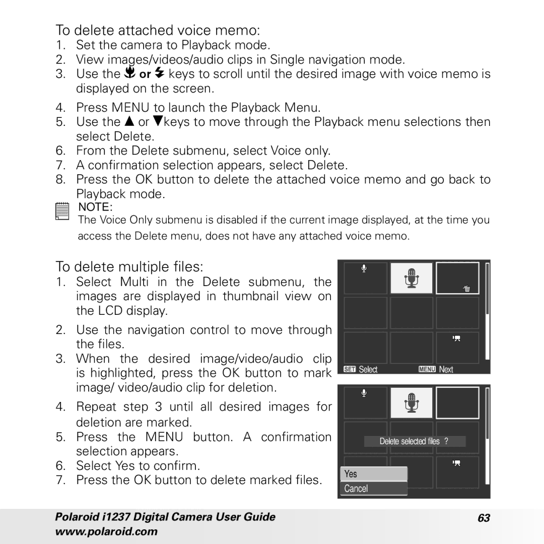 Polaroid CIA-1237PC manual To delete attached voice memo, To delete multiple files 