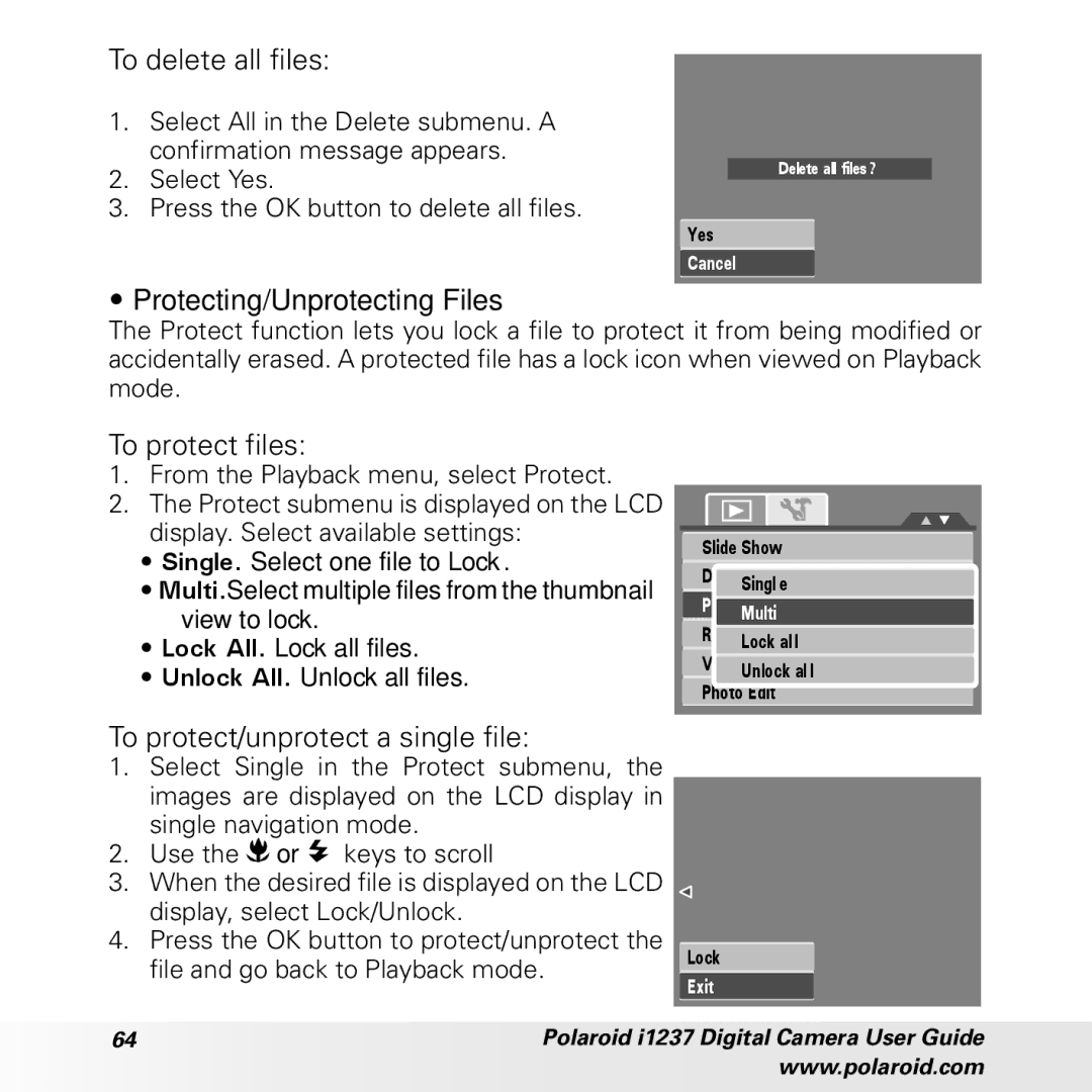 Polaroid CIA-1237PC manual To delete all files, Protecting/Unprotecting Files, To protect files 