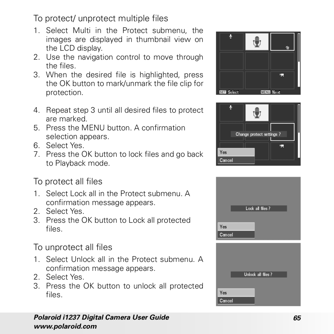 Polaroid CIA-1237PC manual To protect/ unprotect multiple files, To protect all files, To unprotect all files 