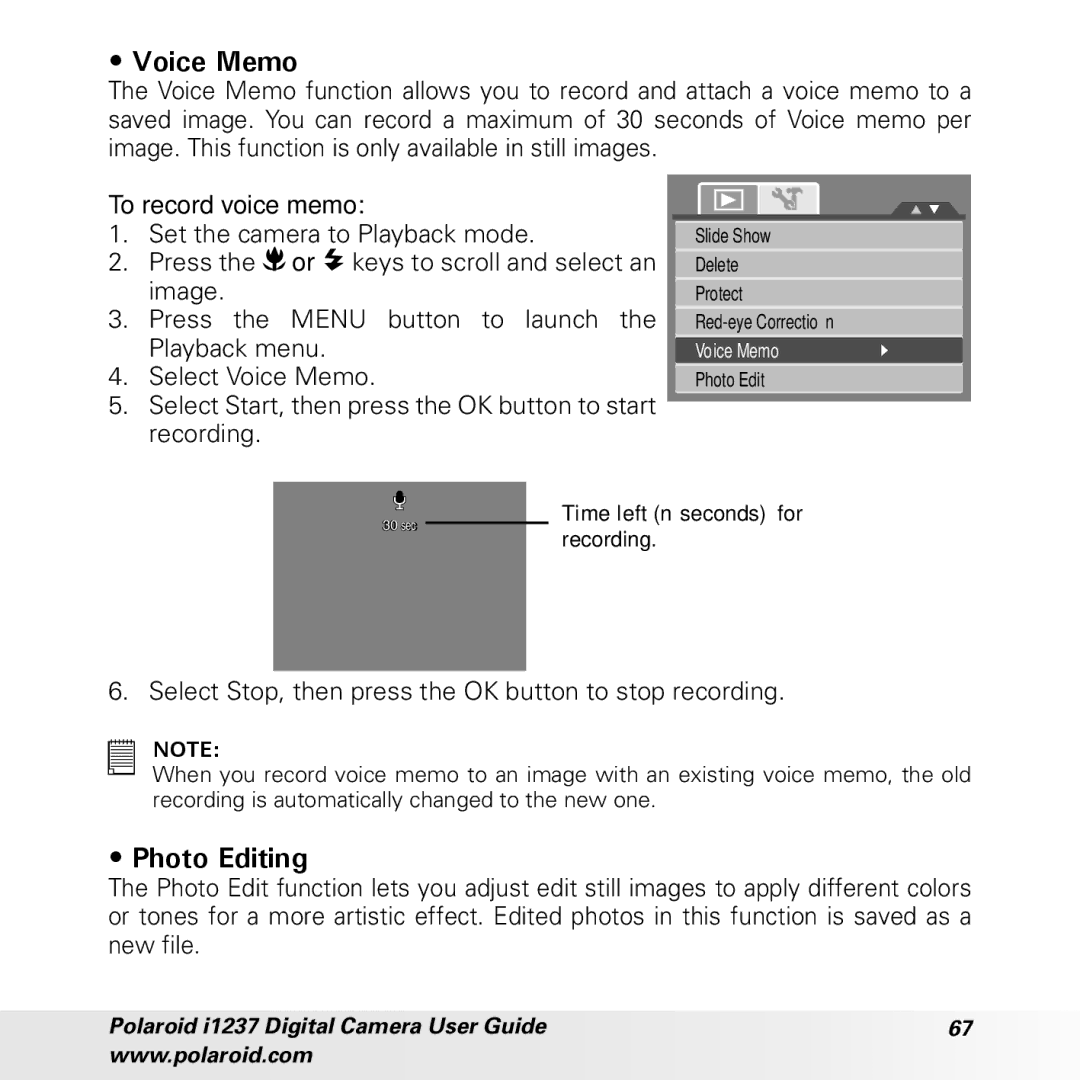 Polaroid CIA-1237PC manual Voice Memo, Photo Editing 