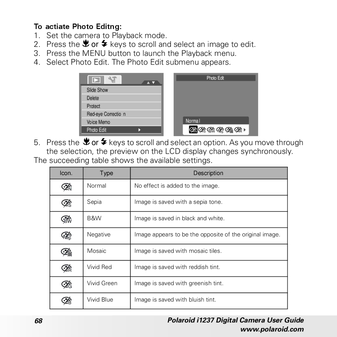 Polaroid CIA-1237PC manual Succeeding table shows the available settings 