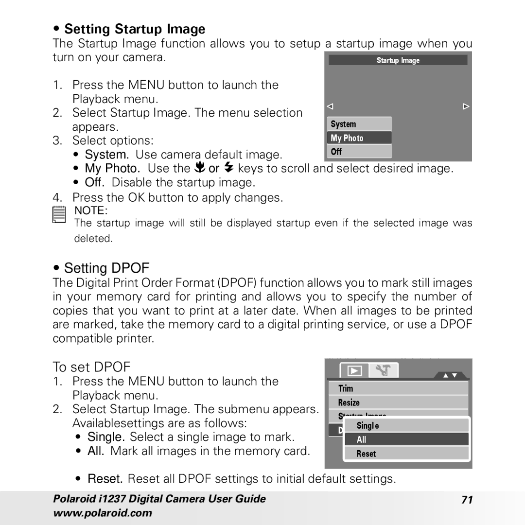 Polaroid CIA-1237PC manual Setting Startup Image, Setting Dpof, To set Dpof 