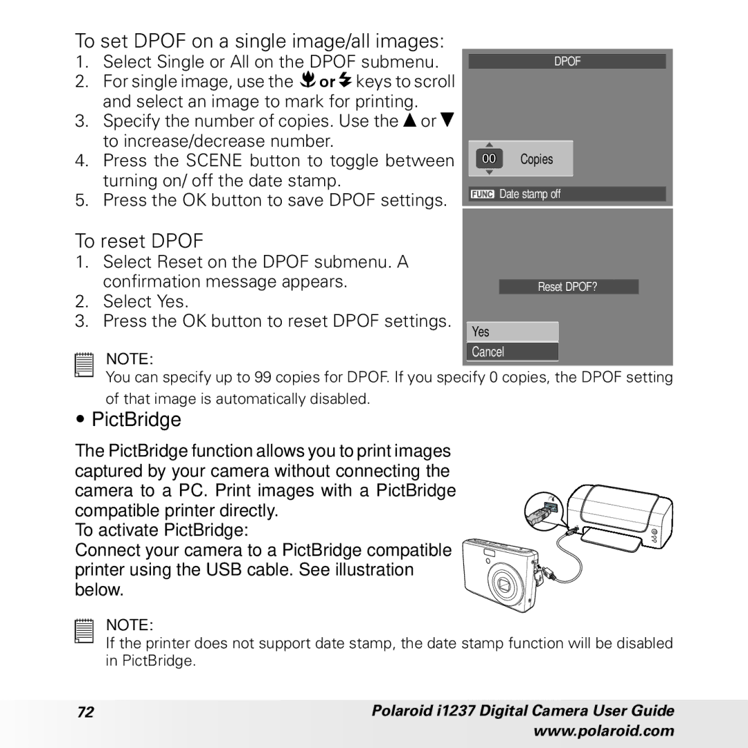 Polaroid CIA-1237PC manual To set Dpof on a single image/all images, To reset Dpof, PictBridge 