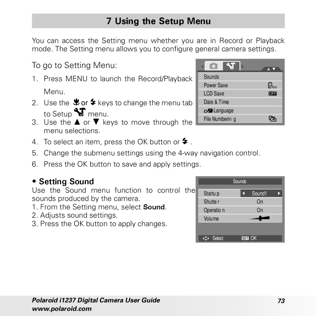 Polaroid CIA-1237PC manual Using the Setup Menu, To go to Setting Menu, Setting Sound 