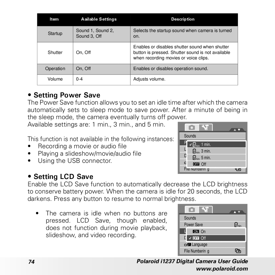 Polaroid CIA-1237PC manual Setting Power Save, Setting LCD Save 