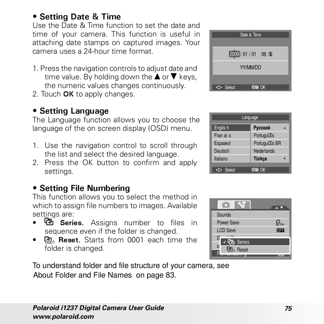 Polaroid CIA-1237PC manual Setting Date & Time, Setting Language, Setting File Numbering, Touch OK to apply changes 