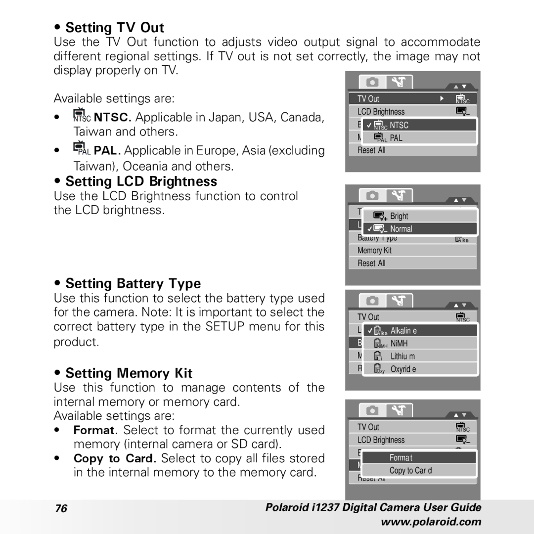 Polaroid CIA-1237PC manual Setting TV Out, Setting LCD Brightness, Setting Battery Type, Setting Memory Kit 